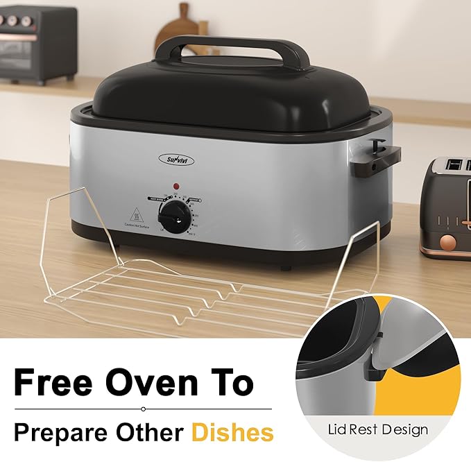RoyalCraft 24-Quart Electric Roaster Oven with Visible Self-Basting Lid, Turkey Roaster Oven with Removable Pan and Rack, Perfect for Large Meals and Holiday Feasts, Silver