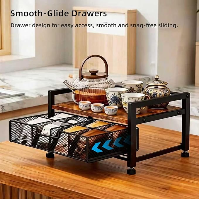 Tea Bag Organizer with 8-Compartment Mesh Drawer, Wood & Metal Holder Storage Chest for Countertop, Multi-Functional Coffee and Tea Station Box Caddy Display Rack for Kitchen Pantry, Rustic Brown