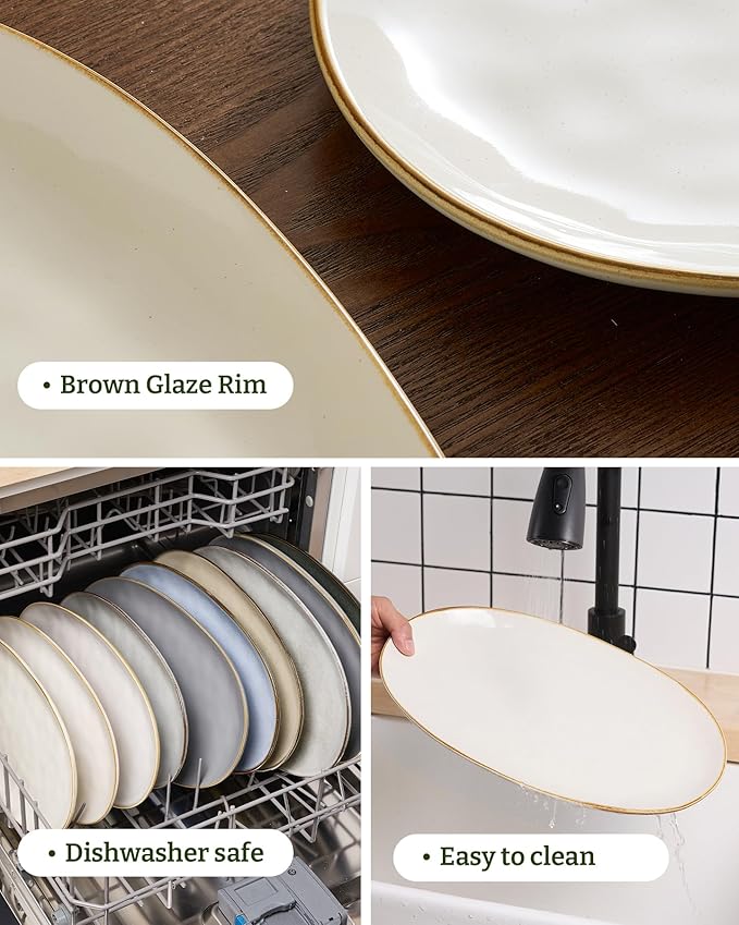famiware Serving Platter, Oval 15.59/14.3/12.9inch Serving Dishes for Entertaining, Serving Bowls, Microwave Safe, Stoneware Serving Trays for Party, Food, Turkey, Cheese, Ocean Series, Vanilla White