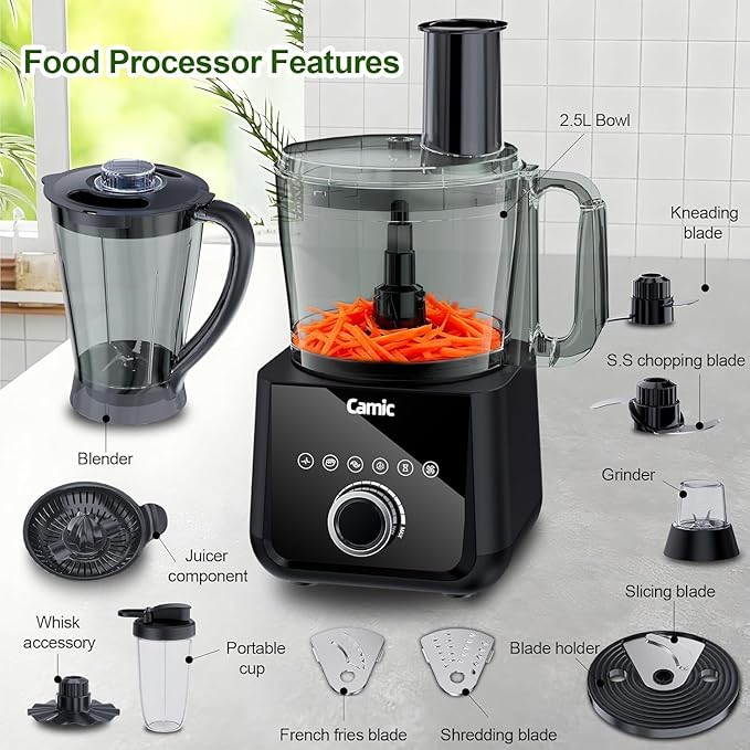 Camic Food Processor and Blender for Home Use, 600W, Blending, Grinding, Shredding, Slicing, Doughing, Meat and Vegetable Chopping, Ice Crushing, 6 Presets, Easy to Operate and Clean (Upgrade Version)