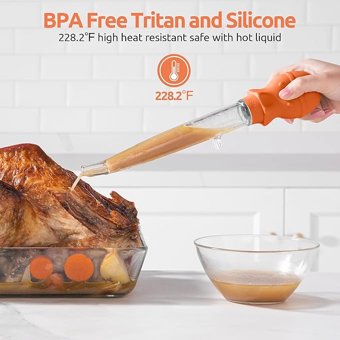 U-Taste 18/8 Stainless Steel Measuring Cups and Spoons Set of 10 Piece, Upgraded Thickness Handle and 1.5oz Heat Resistant Angled Turkey Baster with Cleaning Brush for Cooking Basting (Orange)
