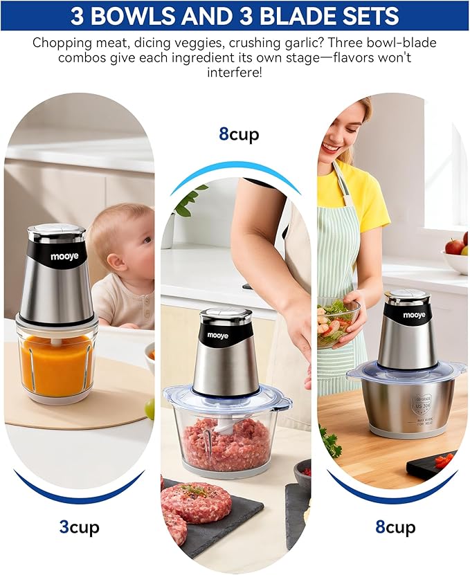 Food Processors Electric Food Chopper with Meat Grinder & Vegetable Chopper - 3 Bowls(8Cup+8Cup+3Cup) with Powerful Copper Motor - Includes 3 Sets of Bi-Level Blades for Fruits/Meat/Nuts