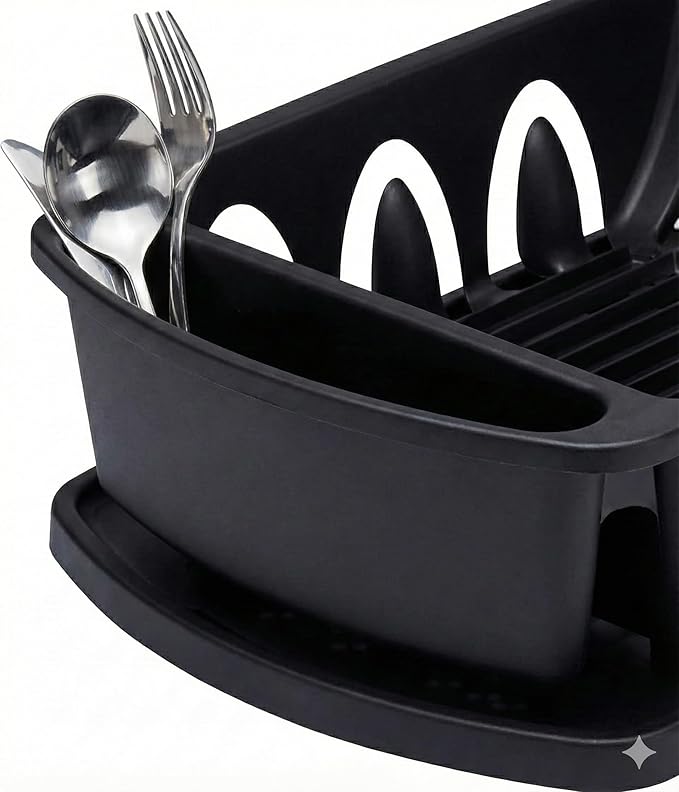 Tribello Sink Dish Drying Rack, Heavy Duty Hard Plastic Drying Rack, Dish Drainer for Kitchen Counter with Drainboard Set, with Silverware Holder - 18 x 13 x 6 (Black) - Made in USA