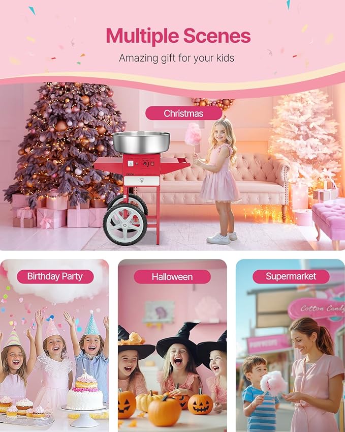 VEVOR Electric Cotton Candy Machine with Cart, 1000W Commercial Candy Floss Maker with 20.5 in Stainless Steel Bowl, Sugar Scoop, and Drawer, Easy to Use, for Home, Kids Birthday, Family Party, Red