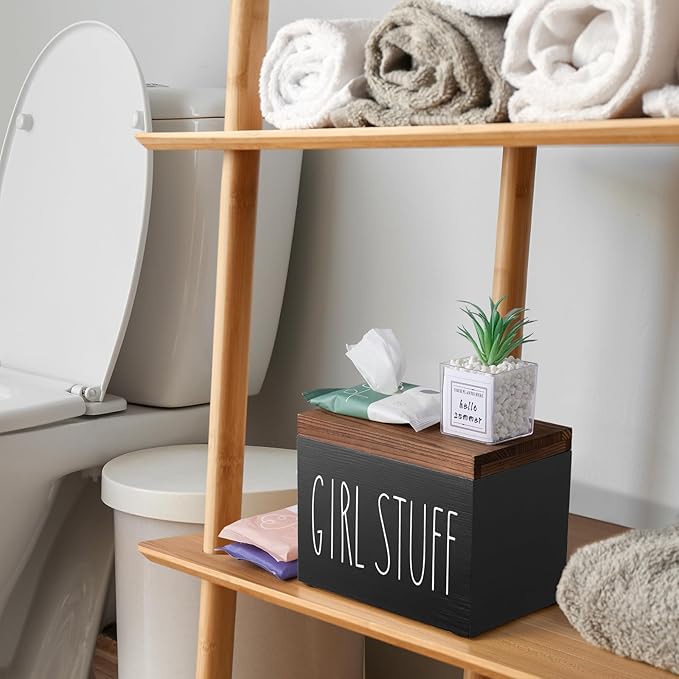 DRASTAR Tea Bag Organizer, Black Wooden Tea Bag Holder& Tampon Holder for Bathroom, Feminine Product Organizer