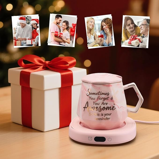Coffee Mug Warmer & You are Awesome Mug Set, Smart Heated Electric Cup Warmer for Desk Office, 4 Temperature Control Beverage Tea Coffee Warmer, 8 Hrs Auto Shut Off Candle Plate, Ideal Gifts for Women