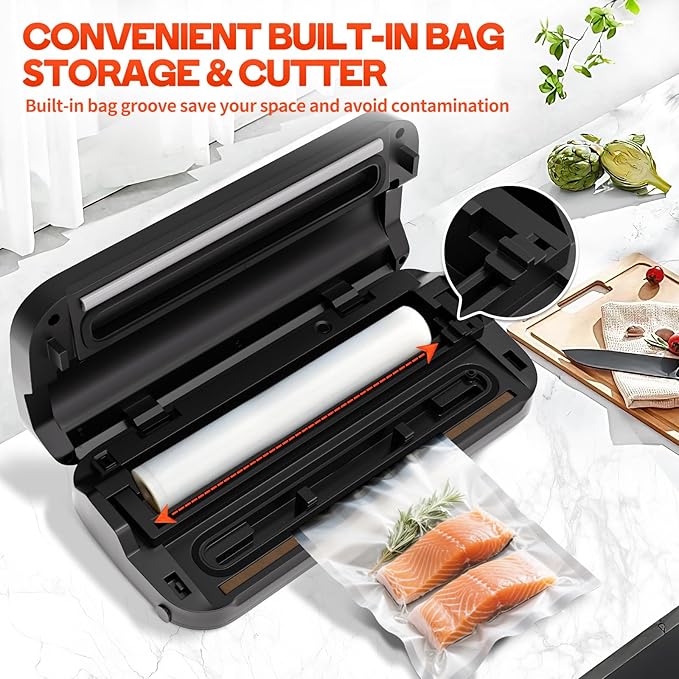 Vacuum Sealer Machine, 95Kpa vacuum sealer for food with Bags Storage and Built-in Cutter,food vacuum sealer machine,Dry/Moist/Gentle Mode, Removable Drip tray, Complete Starter Kits, Stainless Steel