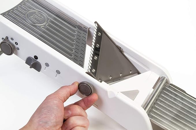 PL8 Professional Mandoline - Versatile Slicer with Adjustable Straight, Waffle, and Julienne Blades, Extra-Wide Stainless Steel Deck, Safety Hand Guard, Non-Skid Feet, and Space-Saving Design