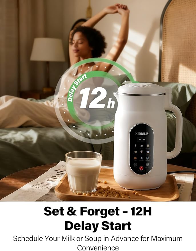 KIDISLE Nut Milk Maker Machine 51oz, 10-in-1 Soup Maker with 140℉ Heating & 8H Keep Warm, Touch Screen Plant-Based Milk Maker for Almond, Oat & Soy, 12H Delay Start & Self-Clean, Noise Reduction