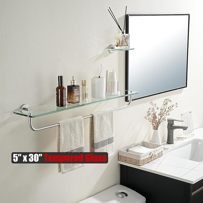 JQK Bathroom Glass Shelf, Shelf with 29 Inch Towel Bar Tempered Glass Shower Storage 30 by 5 inches, 304 Stainless Steel Brushed Finish Wall Mount, TGS100L30-BN