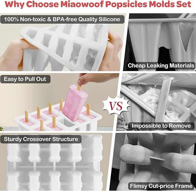 Miaowoof Homemade Popsicle Molds, 10-Cav Non-BPA Silicone Ice Pop Maker, with 50 Sticks, 50 Bags, 10 Reusable Sticks, Funnel, Brush and Ice Pop Recipe (White)