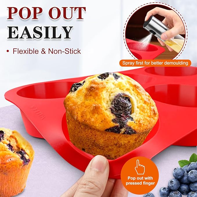 Walfos Silicone Texas Muffin Pan Set- 6 Cup Jumbo Silicone Cupcake Pan, Non-Stick, Just PoP Out! Perfect for Egg Muffin, Big Cupcake - BPA Free and Dishwasher Safe, Set of 2