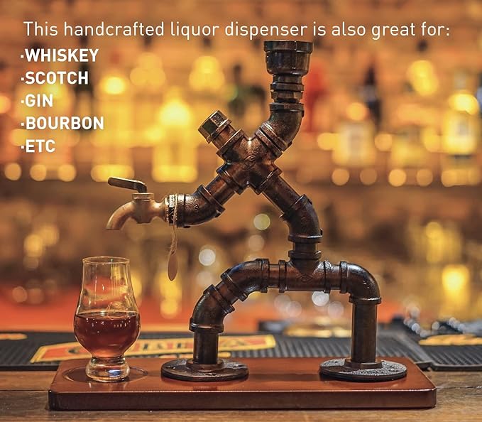 Handcrafted Liquor Dispenser- Steampunk Pipe Decor, Industrial Whiskey Holder, Rustic Style, Bar Accessories For Home Bar Art (1 Bottle) (Brown)