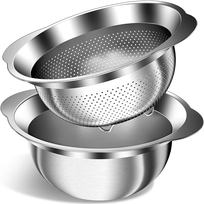 Stainless Steel Strainer with Mixing Bowl, Rice Washer, Colander for Kitchen, Rice Strainer, Fruit and Vegetable Wash, Microporous Colander, Fruit Cleaner Bowl, Dishwasher Safe, 2 Quart