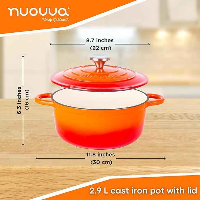 Cast Iron Dutch Oven with Lid – Non-Stick Ovenproof Enamelled Casserole Pot – Sturdy Dutch Oven Cookware – Orange, 3.1-Quart, 22cm – by Nuovva