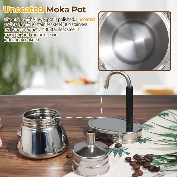 1 Cup Single Tube Moka Pot Stainless Steel Stovetop Espresso Maker Cafeteras Italian Percolator Espress Makers Capable Greca Mocha Coffee Machine for Induction Home 90ml 3oz