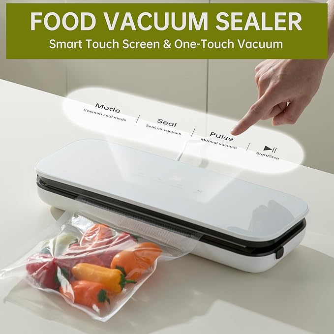 THETCHRY Vacuum Sealer For Food,6-In-1 Food Sealer Machine with 20 Large Vacuum Bags,Built-In Water Tank&Cutter,Powerful Low- Noise Food Saver with Glass Touch Screen,White