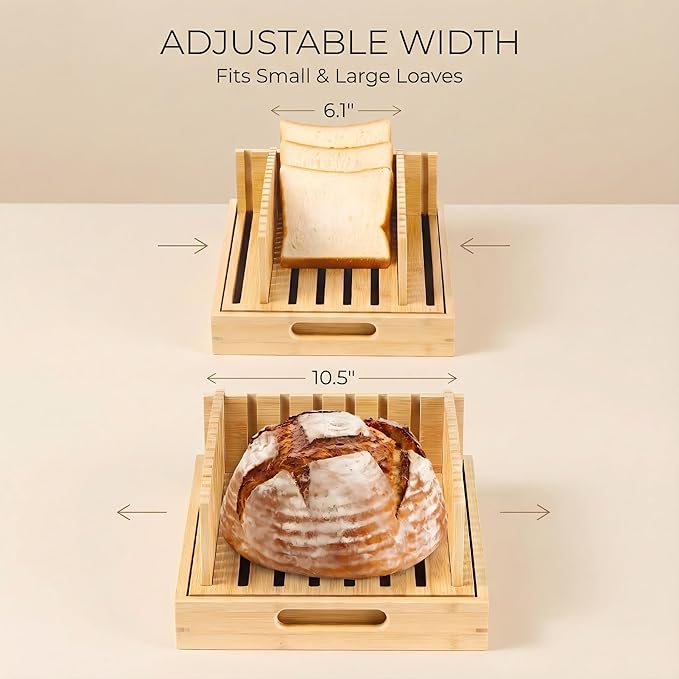 10.5" Extra Sourdough Bread Slicer Guide - Premium Bamboo Bread Cutter with Crumb Tray & Serving Board - Artisan Bread Slicing Guide for Homemade Boules, Sourdough Tools & Gifts