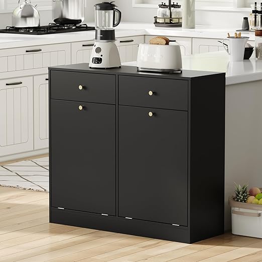 Housoul Double Tilt Out Trash Can Cabinet, Trash Storage Cabinet with 2 Drawers, Hidden Garbage Bin, Free Standing Laundry Sorter Organizer for Kitchen Dining Living Room, Bathroom, Black