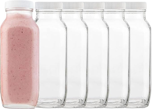kitchentoolz 16oz Square Glass Milk Bottles with Lids – Reusable Glass Bottles for Milk, Creamer, Juice, Smoothies, Kefir & Yogurt – Airtight Vintage Drinking Jars for Lunch Box & Fridge – 6 Pack
