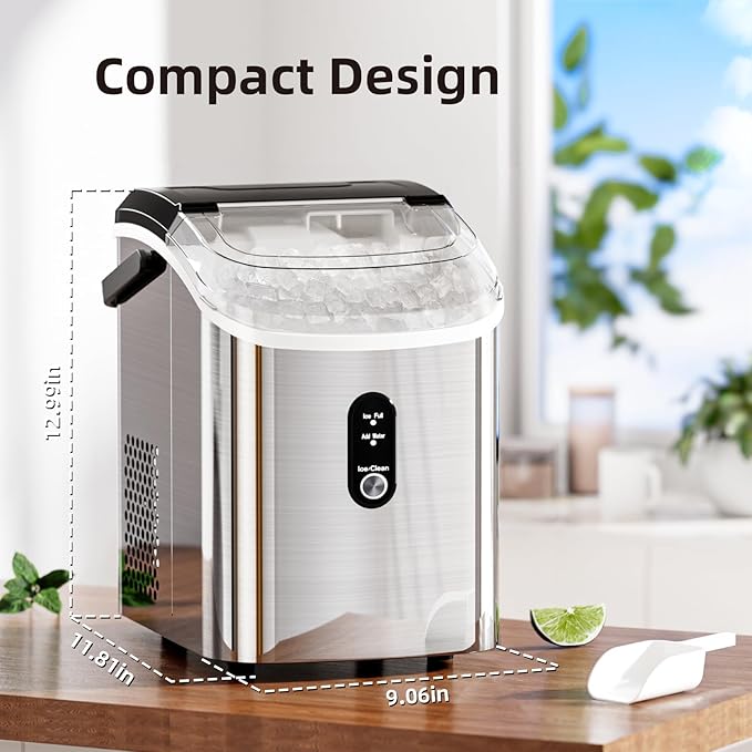 Antarctic Star Nugget Countertop Ice Maker with Soft Chewable Ice, 34Lbs/24H, Pebble Portable Ice Machine with Ice Scoop, Self-Cleaning, One Button Operation, for Kitchen,Office Stainless Steel Silver