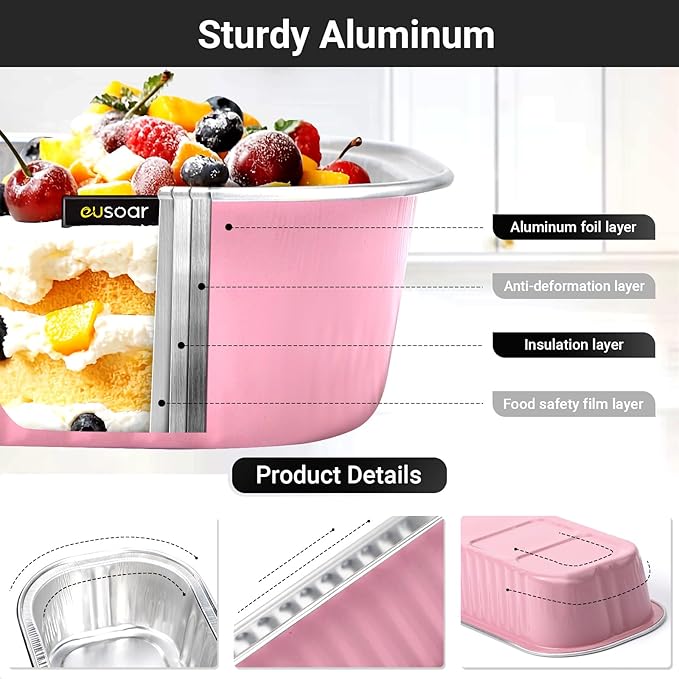 EUSOAR Dessert Cups with Lids, 100pcs 6.8oz 6.5"x2.5"x1.2" Pink Aluminum Foil Baking Cups Mini Loaf Pan Tin, Disposable Ramekins Containers Cheesecake Creme Brulee for Party Shower Wedding Gathering