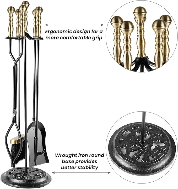 5 Pieces Fireplace Tools Sets Wrought Iron Firewood Kit with Handle Durable Tool Set and Holder for Fire Pit Stand Indoor Tong Shovel Poker Brush Firewood Accessories (Brass)