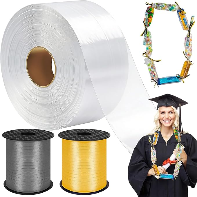 Candy Lei Poly Tubing, 3 Inch x 500 ft Clear Graduation Candy Lei Making Kit with 2 Rolls 250 yd Ribbon, Clear Shipping Poly Tubing for DIY Graduation Wreaths Packing Snacks