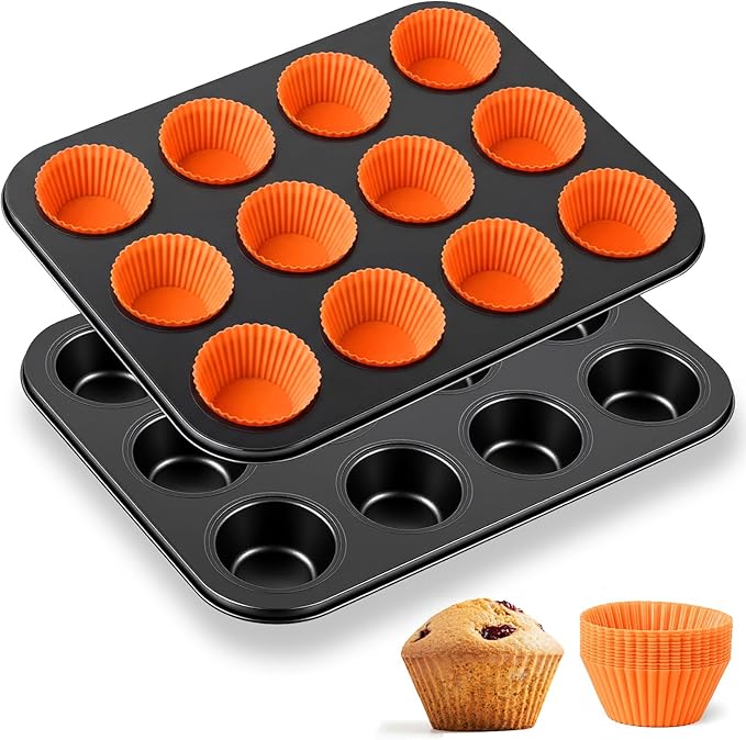 2 Set 12-cup Non Stick Carbon Steel Muffin Pan for Baking with 24 Reusable Silicone Liners, Non Toxic Cupcake Pan Muffin Tin for Easter Wedding Brownies Egg Bite, Easy to Pop(Orange)