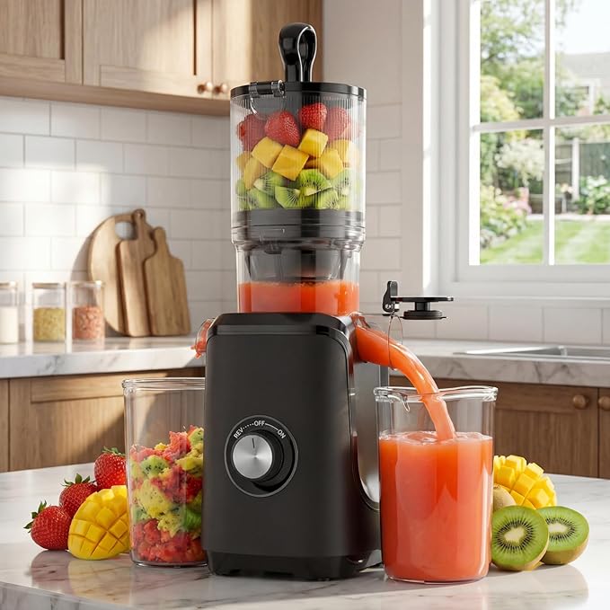 DUMOS Masticating Juicer Machines, Cold Press Juicer with 4.25" Wide Feed Chute, High Juice Yield for Whole Vegetables & Fruits, Easy to Clean, Black