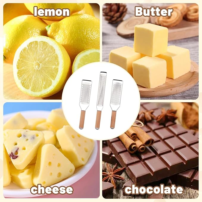 SHIKORI Professional Cheese Graters for Kitchen Stainless Steel Handheld, Metal Lemon Zester Grater With Wood Handle For Cheese, Chocolate, Spices, Kitchen Gadgets And Tools-3 Pcs