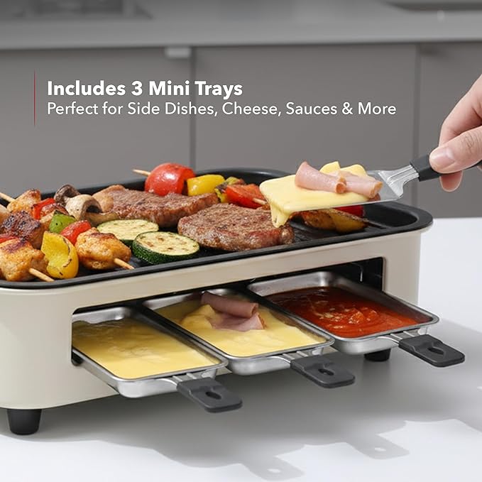 OVENTE 2-in-1 Electric Indoor Grill, 1500W Smokeless Korean BBQ Griddle with Non-Stick Removable Cooking Plate, 3 Raclette Cheese Pans, Adjustable Temperature Control, Dishwasher Safe, Beige BQR1502B