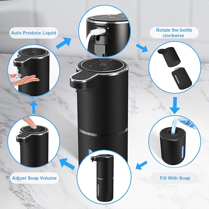 Automatic Liquid Soap Dispenser,4 Level Adjustable Liquid Dispenser, Rechargeable Soap Dispenser with USB Type C Rechargeable, 12.8oz/ 380ml Touchless Hand & Dish Dispenser for Bathroom, Kitchen