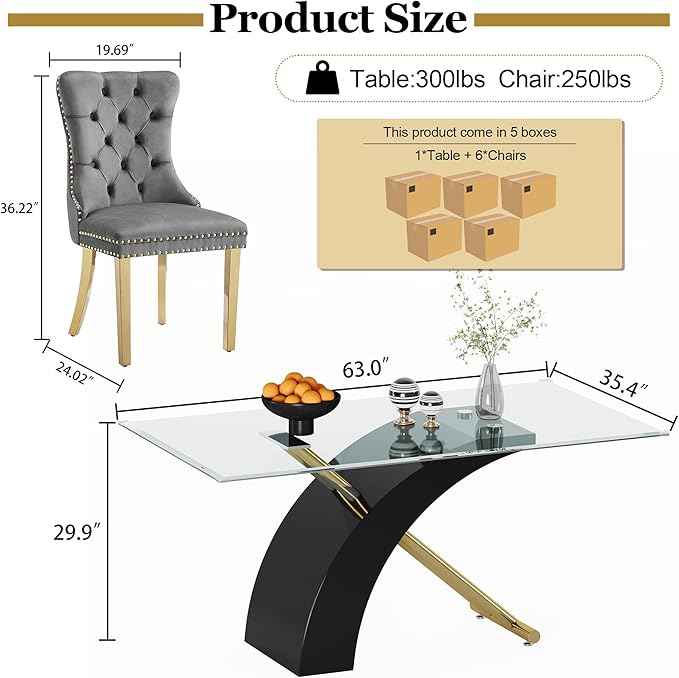 7 Piece Glass Dining Table Set for 6, 63" Modern Kitchen Table with 6 Grey Velvet Chairs, Tempered Glass Tabletop with Black X-Shaped MDF Base, Modern Dining Room Set for Kitchen and Dining Room