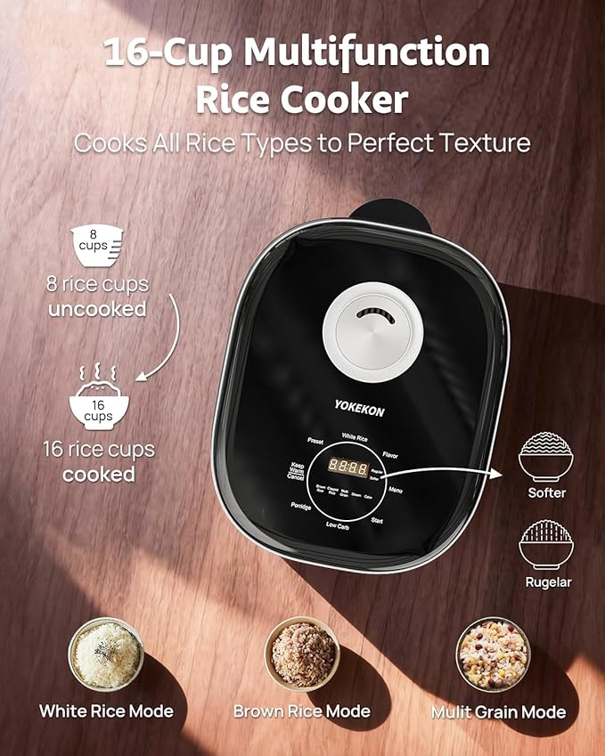 YOKEKON Rice Cooker Stainless Steel Inner Pot PFAS-Free Dishwasher Safe, Low Carb & Low Sugar Large Rice Cookers 8 Cup with Steamer Basket, 24H Delay Timer and Auto Keep Warm Feature,Black