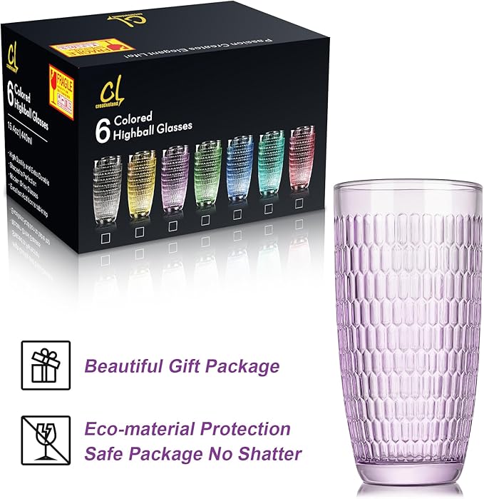 CREATIVELAND Highball Beverage Glasses Set of 6 Romantic Colored Thick & Heavy Base Big Capacity 14.87oz|440ml, Drinking Glass Tumblers for Iced Tea, Water, Soda & Juice and Cocktails (Purple)