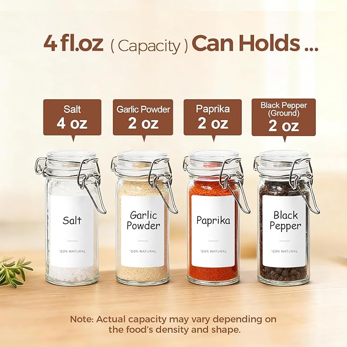 ComSaf 4 oz Glass Spice Jars with Airtight Clamp Lids, 6 Pack Small Swing Top Glass Containers for Herb Storage, Pantry Organization, Party Favors & DIY Gifts - Includes Funnel & Labels
