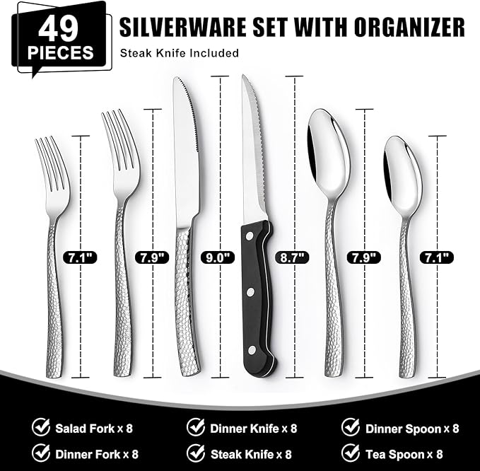 49-Piece Hammered Silverware Set with Organizer, Food-Grade Stainless Steel Flatware for 8, Cutlery Utensil Sets with Steak Knives, Rust-proof, Mirror Polished, Dishwasher Safe, Wave Hammered