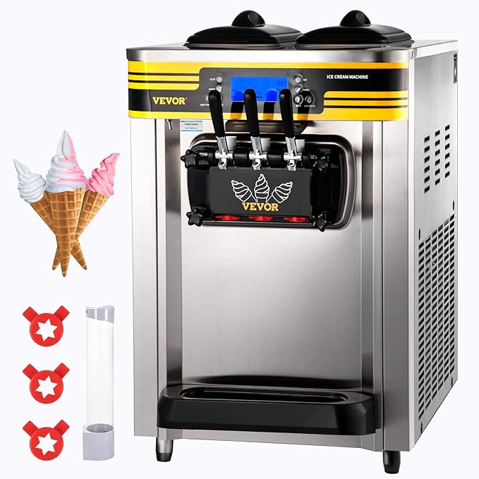 VEVOR Commercial Ice Cream Maker, 22-30L/H Yield, Countertop Soft Serve Machine with 2x6L Hopper 2L Cylinder LCD Panel Puffing Shortage Alarm, Frozen Yogurt Maker for Restaurant Snack Bar