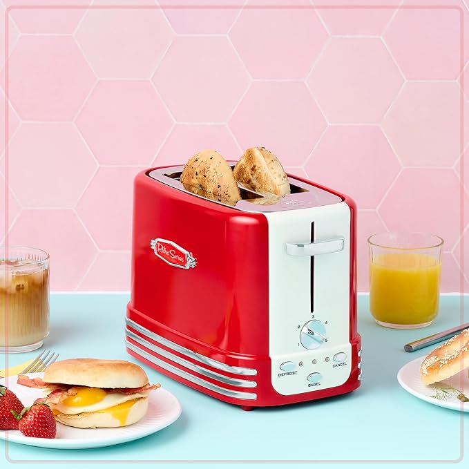 Nostalgia Retro Wide 2-Slice Toaster, Vintage Design With Crumb Tray, Cord Storage & 5 Toasting Levels, Red