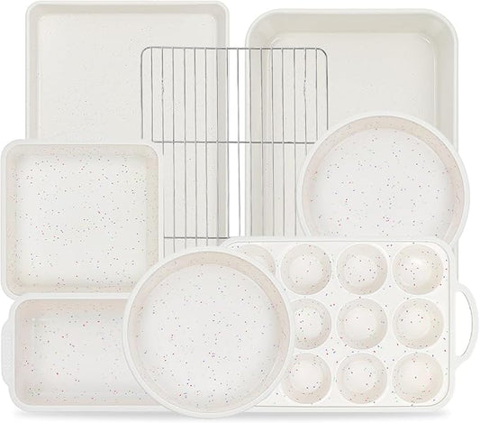 Vinino 8-Piece Baking Pans Set Nonstick, Bakeware Set includes Silicone Muffin, Loaf, Cake Pans with Metal Reinforced Frame, and Carbon Steel Roasting Pan, Cookie Sheet, Cooling rack for Oven-Cream