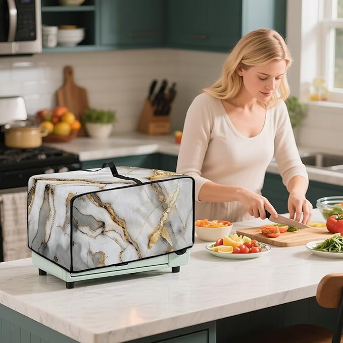 Toaster Oven Dust Cover with Storage Pockets, Protective Decorative Smart Oven Cover for for Kitchen Countertop, S, 14.5 x 18.5 x 9 Inches, White Gold Gray Marble
