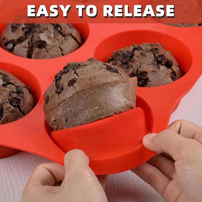 CAKETIME Silicone Jumbo Muffin Pan, 3.5 Inch Silicone Texas Muffin Pan 6 Cup Large Cupcake Pan Nonstick BPA Free Silicone Molds 2 Pack Red