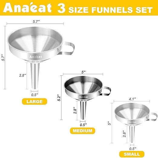 Anaeat Stainless Steel Kitchen Funnel, Multi-Use Premium Metal Food Grade Cooking Funnels with 2 Removable Strainer Filter for Transferring Liquid or Dry ingredients, Oils & 1 Pc Cleaning Brush (5.0")