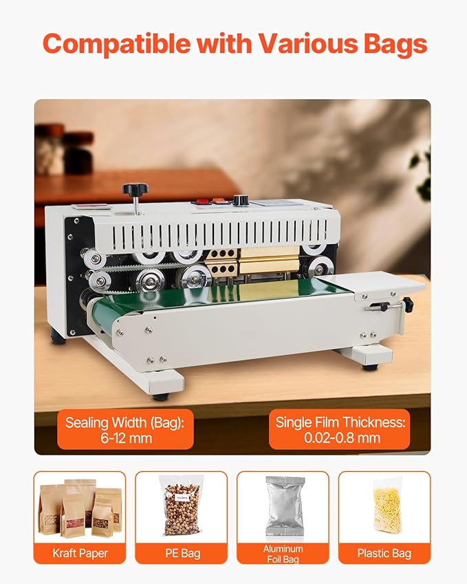 VEVOR Continuous Bag Band Sealing Machine, 0.24-0.47 in/6-12 mm Seal Width, Horizontal Band Sealer Machine with Digital Temperature Control, Bag Sealer for 0.02-0.8 mm Plastic Bags with Count Function