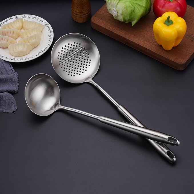 18/10 Stainless Steel Kitchen Utensils Set, 6 PCS All Metal Professional Cooking Utensils, 15" Long Kitchen Tools - Spatula, Ladle, Skimmer Spoon, Pasta Serve, Large Spoon, Slotted Spatula Tunner