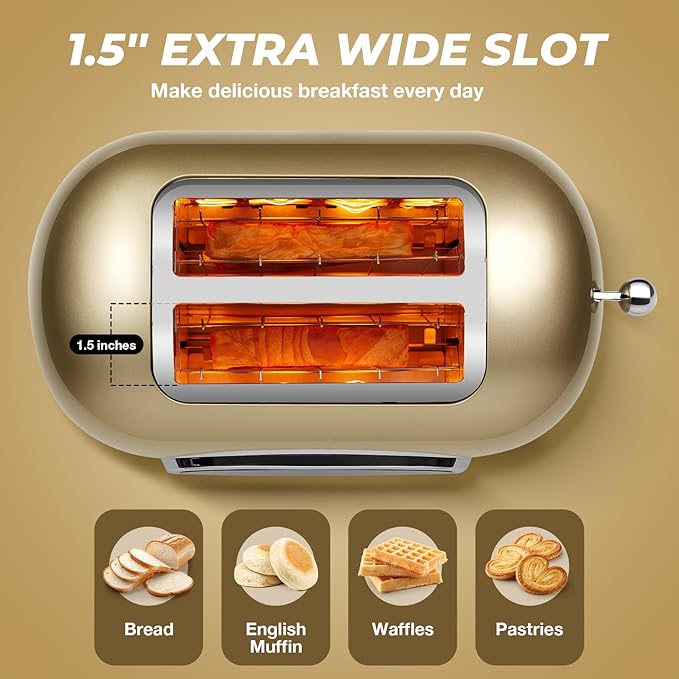 Roter Mond 2 Slice Toaster Smart Touch Screen, Retro Stainless Steel Bread Toaster with Digital Timer, Sleep Mode, Bagel, Cancel, and Defrost Functions, 6 Bread Types and Shade Settings, Gold