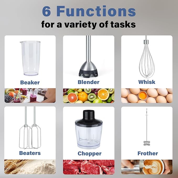 REVOTRA Immersion Blender Handheld, 6 in 1 Hand Blender, 12 Speed Stainless Steel Immersion Blender, Whisk, Chopper, Beaker, Beaters, Milk Frother
