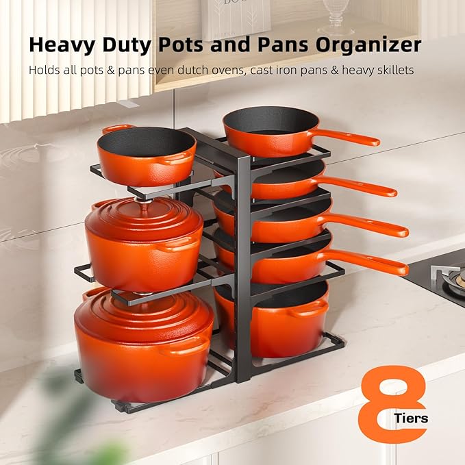 MUDEELA Pots and Pans Organizer Rack under Cabinet 8-Tiers Adjustable Heavy Duty 120LBS Pot and Pan Organizer inside Cabinet for Kitchen Organizer Cast-iron Pans, Heavy Skillets Griddles, Shallow Pots
