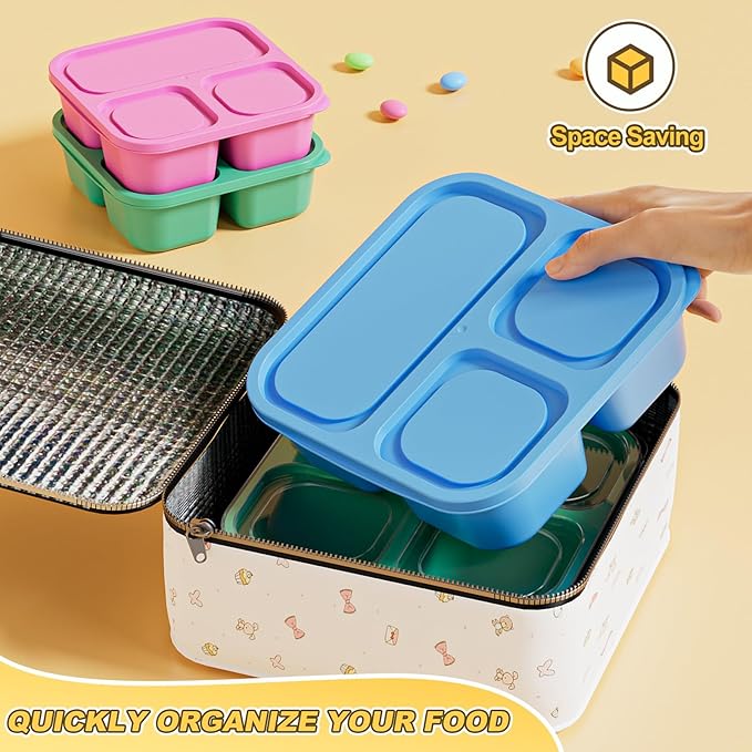 6 Pcs Snack Box Container Set, Reusable 3&4 Compartment Meal Prep Snack Containers for Adults Kids Toddler, BPA-Free Divided Lunchable Container for School, Work and Travel (Multicolor)